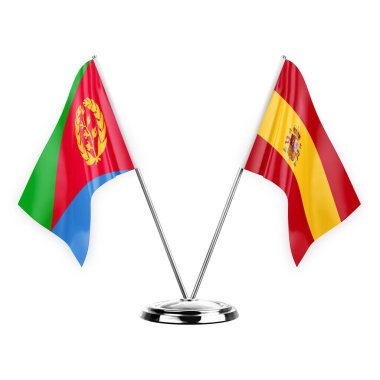 Two table flags isolated on white background 3d illustration, eritrea and spain