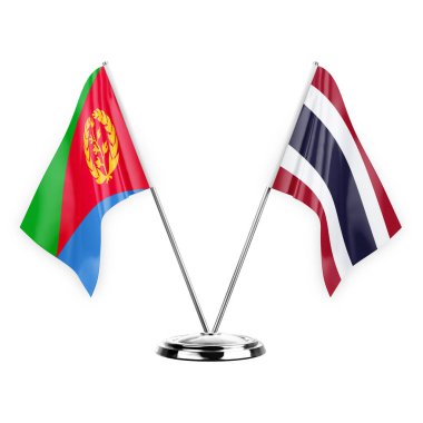 Two table flags isolated on white background 3d illustration, eritrea and thailand