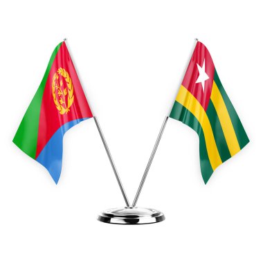 Two table flags isolated on white background 3d illustration, eritrea and togo