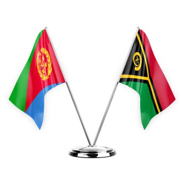 Two table flags isolated on white background 3d illustration, eritrea and vanuatu