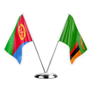Two table flags isolated on white background 3d illustration, eritrea and zambia