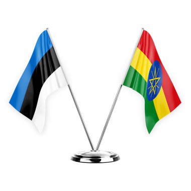 Two table flags isolated on white background 3d illustration, estonia and ethiopia