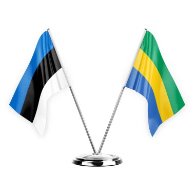 Two table flags isolated on white background 3d illustration, estonia and gabon