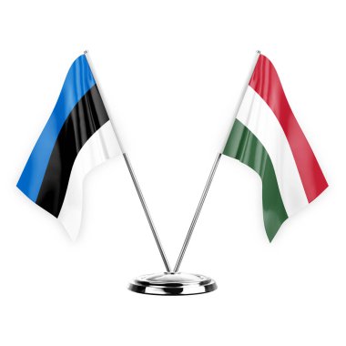 Two table flags isolated on white background 3d illustration, estonia and hungary