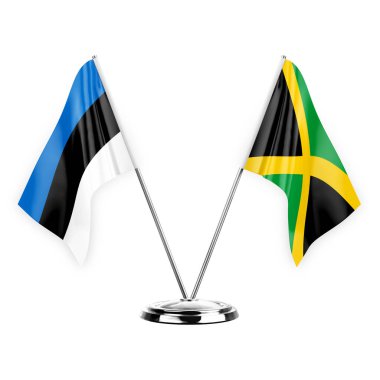 Two table flags isolated on white background 3d illustration, estonia and jamaica
