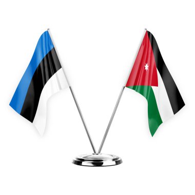 Two table flags isolated on white background 3d illustration, estonia and jordan
