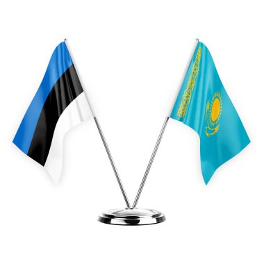 Two table flags isolated on white background 3d illustration, estonia and kazakhstan
