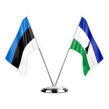 Two table flags isolated on white background 3d illustration, estonia and lesotho