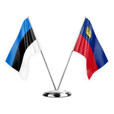 Two table flags isolated on white background 3d illustration, estonia and liechtenstein