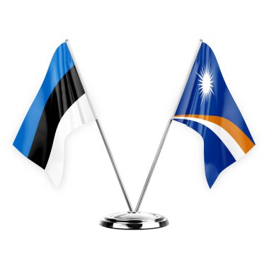 Two table flags isolated on white background 3d illustration, estonia and marshall islands