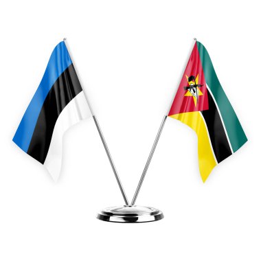 Two table flags isolated on white background 3d illustration, estonia and mozambique