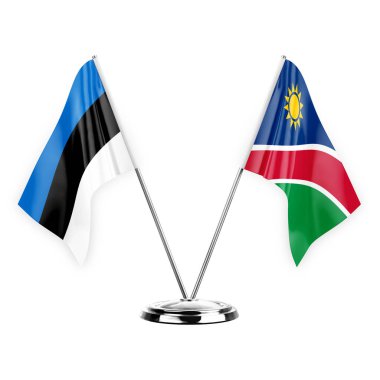 Two table flags isolated on white background 3d illustration, estonia and namibia