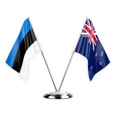 Two table flags isolated on white background 3d illustration, estonia and new zealand