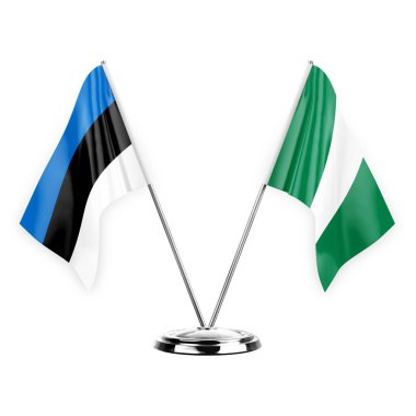 Two table flags isolated on white background 3d illustration, estonia and nigeria
