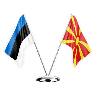 Two table flags isolated on white background 3d illustration, estonia and north macedonia