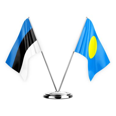 Two table flags isolated on white background 3d illustration, estonia and palau