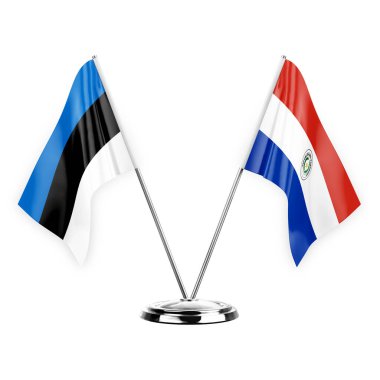 Two table flags isolated on white background 3d illustration, estonia and paraguay