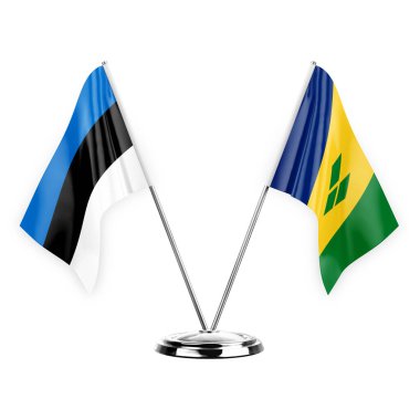 Two table flags isolated on white background 3d illustration, estonia and saint vincent and the grenadines