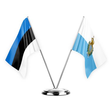 Two table flags isolated on white background 3d illustration, estonia and san marino