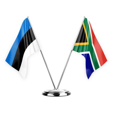 Two table flags isolated on white background 3d illustration, estonia and south africa