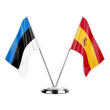 Two table flags isolated on white background 3d illustration, estonia and spain