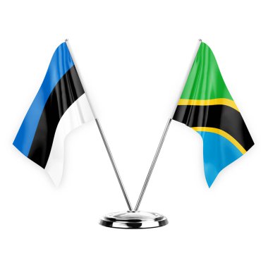 Two table flags isolated on white background 3d illustration, estonia and tanzania