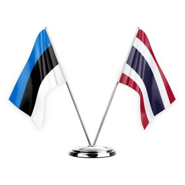 Two table flags isolated on white background 3d illustration, estonia and thailand