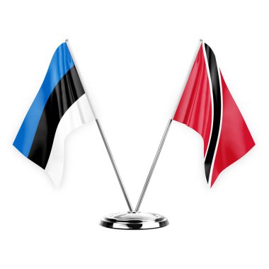 Two table flags isolated on white background 3d illustration, estonia and tobago