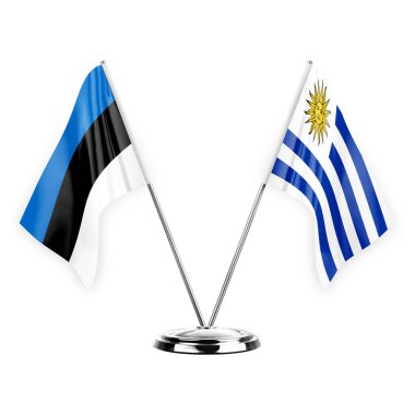 Two table flags isolated on white background 3d illustration, estonia and uruguay