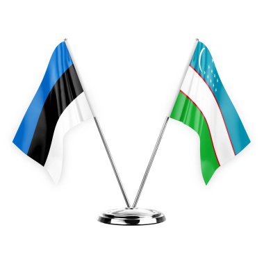 Two table flags isolated on white background 3d illustration, estonia and uzbekistan