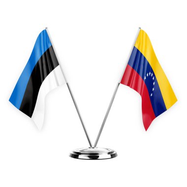 Two table flags isolated on white background 3d illustration, estonia and venezuela