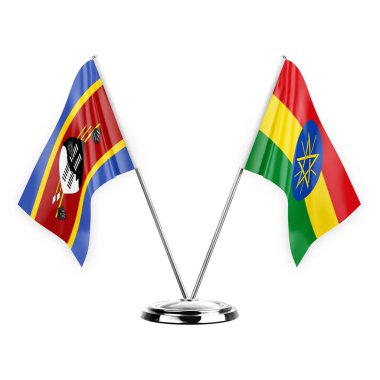 Two table flags isolated on white background 3d illustration, eswatini and ethiopia