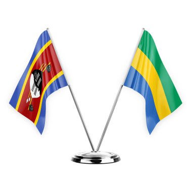 Two table flags isolated on white background 3d illustration, eswatini and gabon