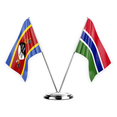 Two table flags isolated on white background 3d illustration, eswatini and gambia