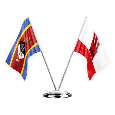 Two table flags isolated on white background 3d illustration, eswatini and gibraltar