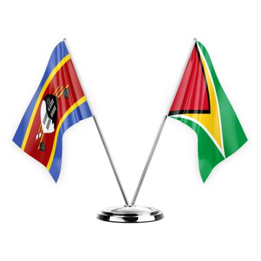 Two table flags isolated on white background 3d illustration, eswatini and guyana
