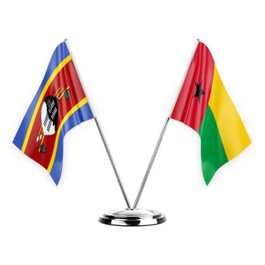 Two table flags isolated on white background 3d illustration, eswatini and guinea-bissau