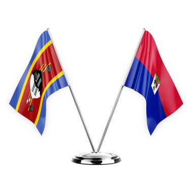 Two table flags isolated on white background 3d illustration, eswatini and haiti