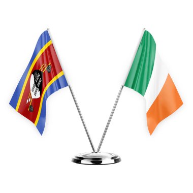 Two table flags isolated on white background 3d illustration, eswatini and ireland