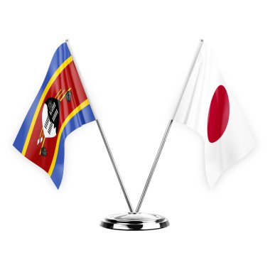 Two table flags isolated on white background 3d illustration, eswatini and japan