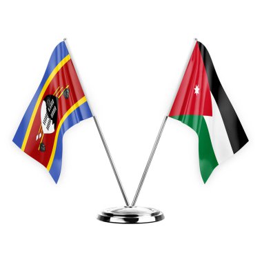 Two table flags isolated on white background 3d illustration, eswatini and jordan