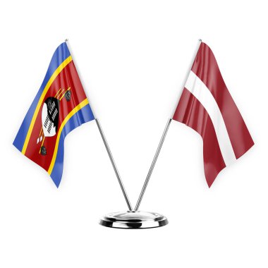Two table flags isolated on white background 3d illustration, eswatini and latvia