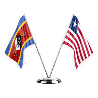 Two table flags isolated on white background 3d illustration, eswatini and liberia