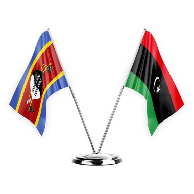 Two table flags isolated on white background 3d illustration, eswatini and libya