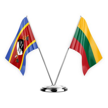 Two table flags isolated on white background 3d illustration, eswatini and lithuania