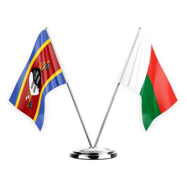 Two table flags isolated on white background 3d illustration, eswatini and madagascar