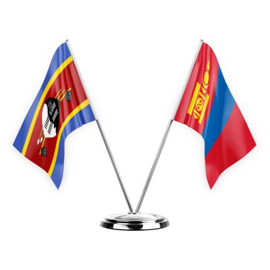 Two table flags isolated on white background 3d illustration, eswatini and mongolia