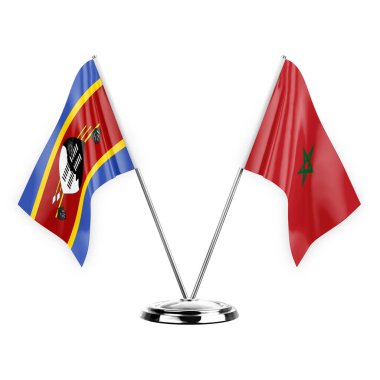 Two table flags isolated on white background 3d illustration, eswatini and morocco