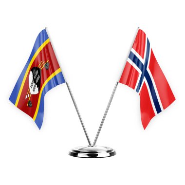 Two table flags isolated on white background 3d illustration, eswatini and norway