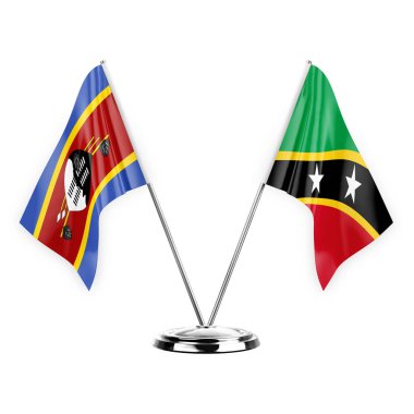 Two table flags isolated on white background 3d illustration, eswatini and saint kitts and venis